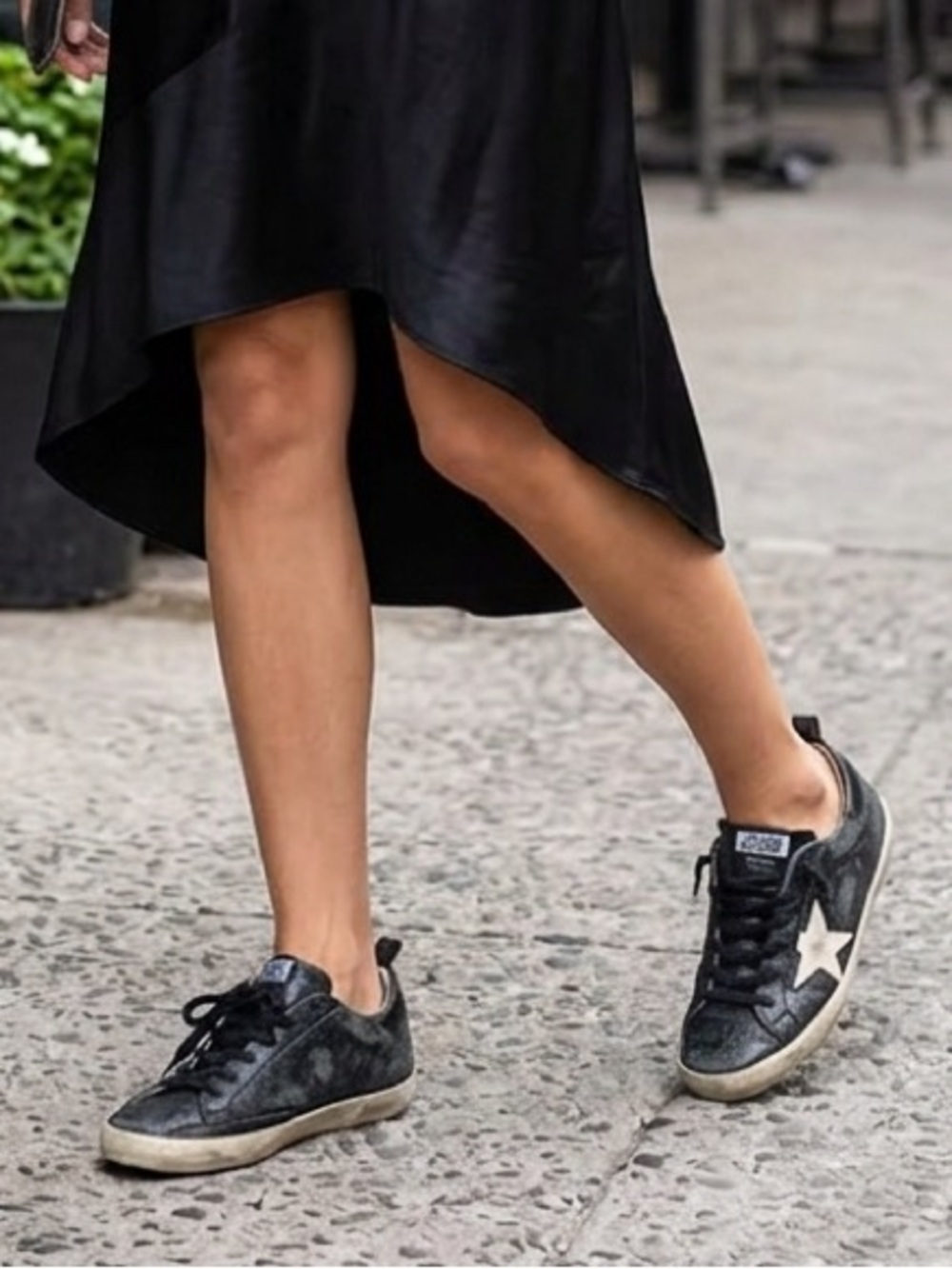 Golden Goose Crackled Black Leather Sneakers with White Star